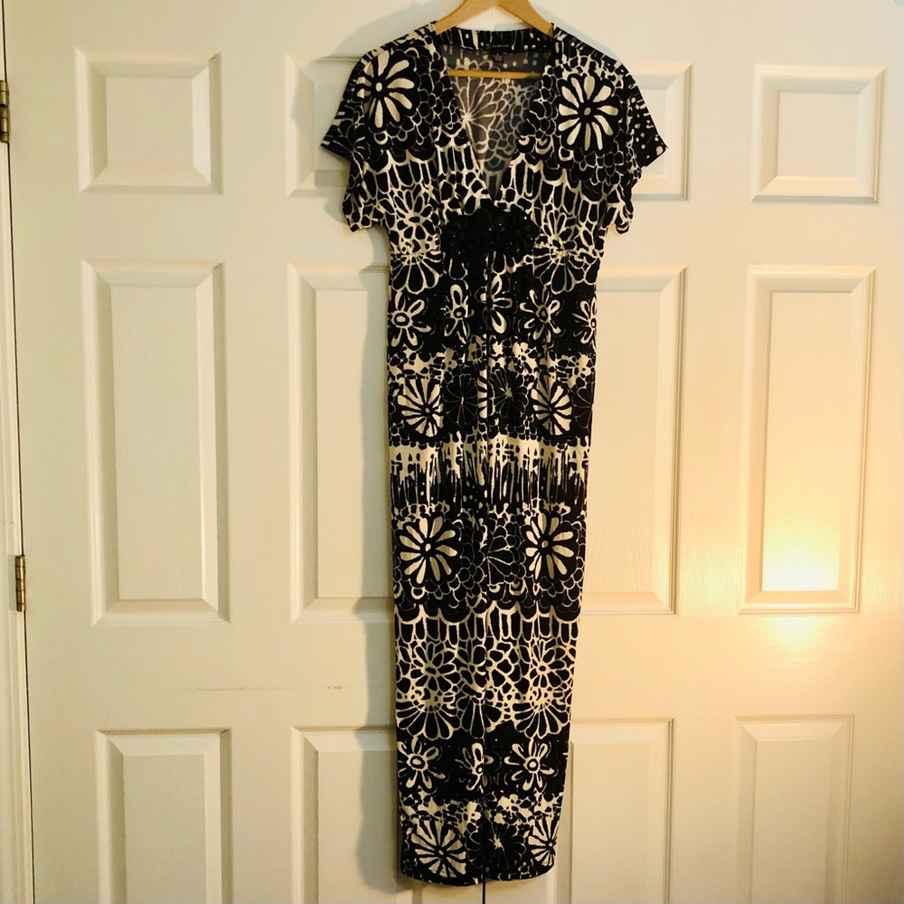 New Direction Black & Light Beige Empire Waist Embellished Dress, Size 8